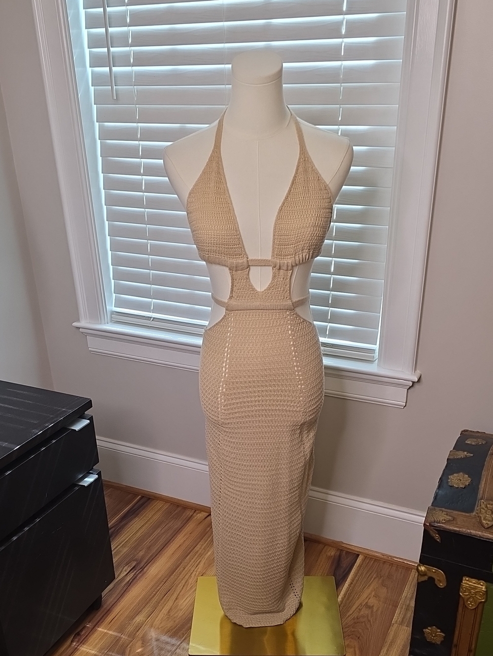 Source Unknown Beige Crochet Halter Cutout Maxi Dress